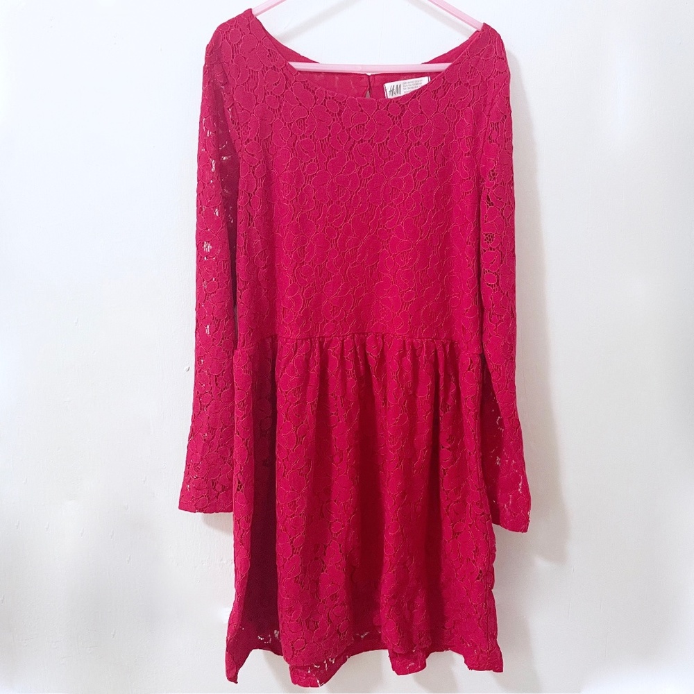 H&M Girls Red Lace Lined Dress Long Sleeves Size 8-10 yrs